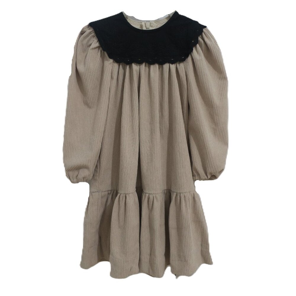 Deeva Girls Dress Beige Corduroy with Black Embroidery